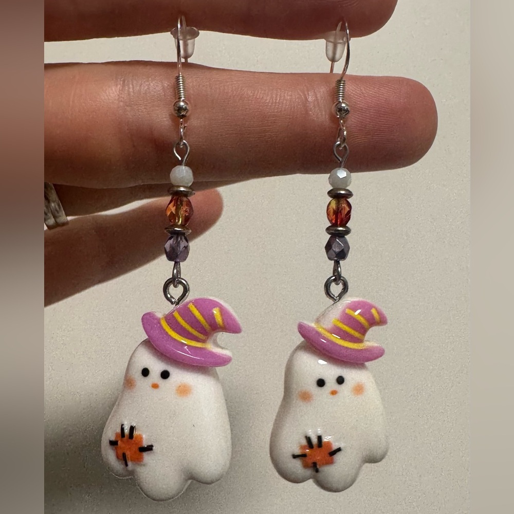 Cute Ghost Earrings with Pink and Orange Accents